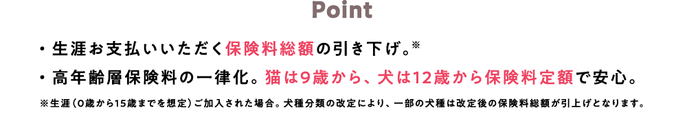 ＜POINT＞・生涯お支払いいただく保険料総額の引き下げ。・高年齢層保険料の一律化。猫は9歳から、犬は12歳から保険料定額で安心。※生涯（０歳から１５歳までを想定）ご加入された場合。犬種分類の改定により、一部の犬種は改定後の保険料総額が引上げとなります。