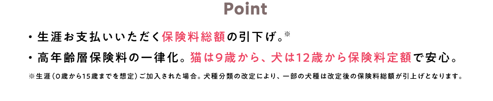 ＜POINT＞・生涯お支払いいただく保険料総額の引下げ。・高年齢層保険料の一律化。猫は9歳から、犬は12歳から保険料定額で安心。※生涯（０歳から１５歳までを想定）ご加入された場合。犬種分類の改定により、一部の犬種は改定後の保険料総額が引上げとなります。
