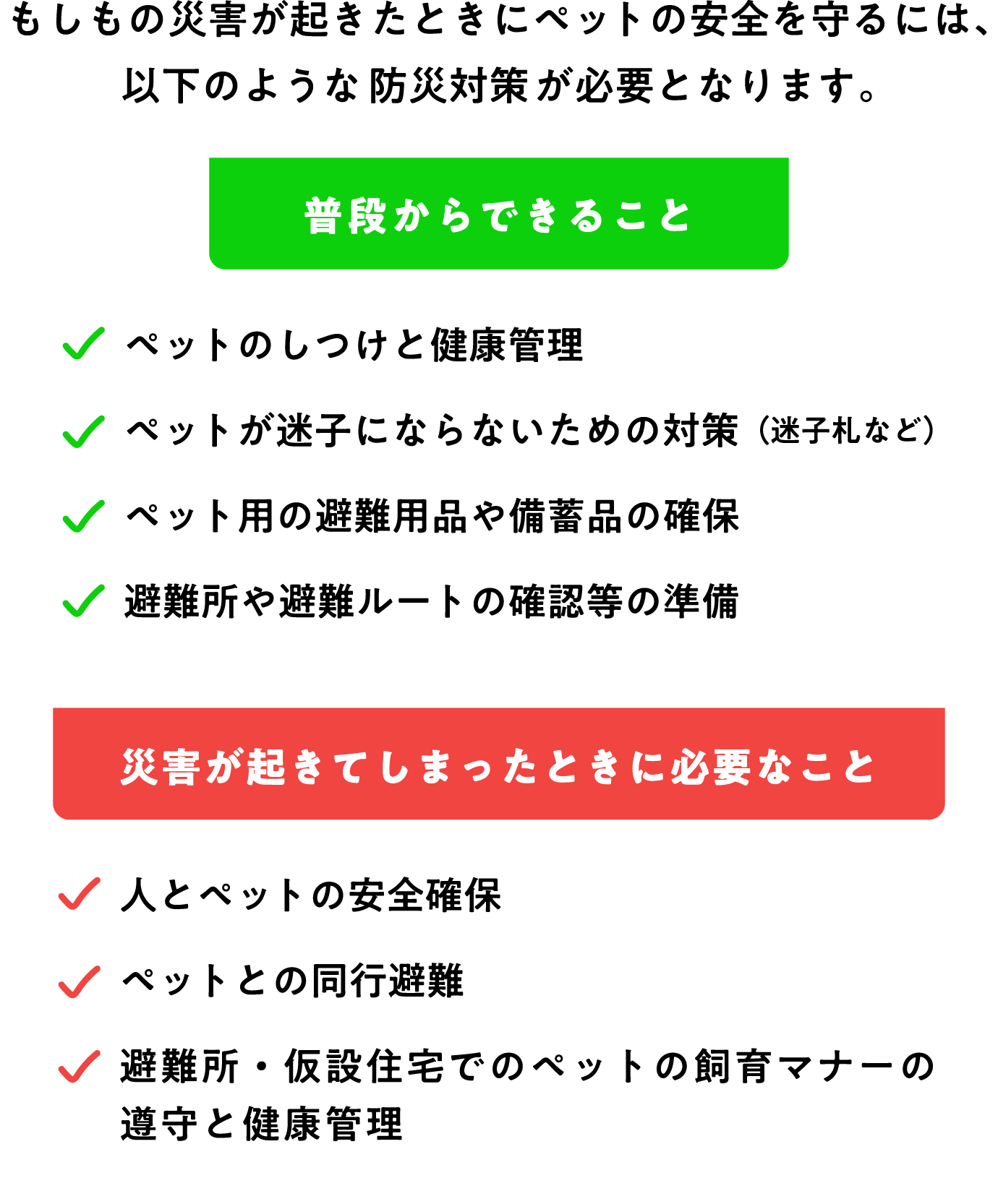 もしもの災害が起きたときにペットの安全を守るには、以下のような防災対策が必要となります。