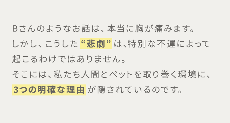 Bさんのようなお話は、本当に胸が痛みます。 しかし、こうした“悲劇”は、特別な不運によって起こるわけではありません。 そこには、私たち人間とペットを取り巻く環境に、3つの明確な理由が隠されているのです。