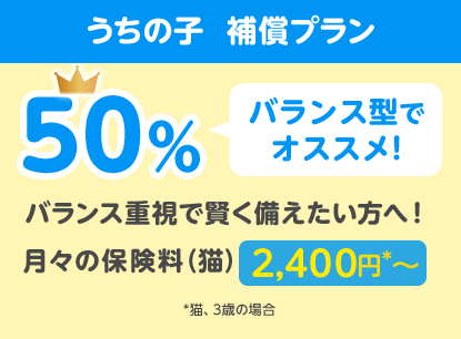 うちの子  補償プラン50％「バランス型でオススメ!」バランス重視で賢く備えたい方へ！月々の保険料（猫）2,400円*〜