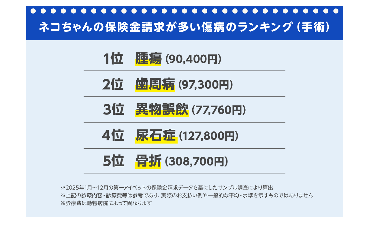 ネコちゃんの保険金請求が多い傷病のランキング
