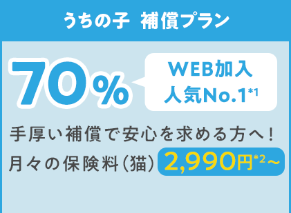 うちの子補償プラン70% WEB加入人気No1 月々の保険料(猫)2,990円〜