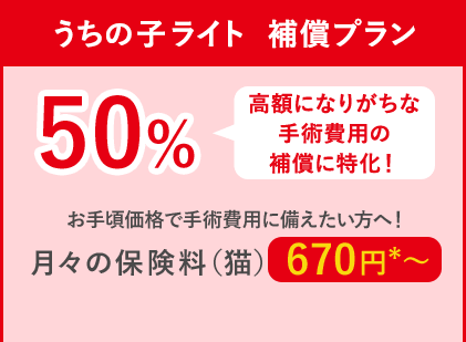うちの子ライト補償プラン90% 高額になりがちな手術費用の補償に特化！！ 月々の保険料（猫）670円〜
