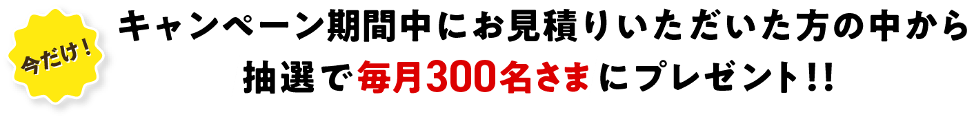 キャンペーン期間中にお見積りいただいた方の中から抽選で毎月300名さまにプレゼント！！