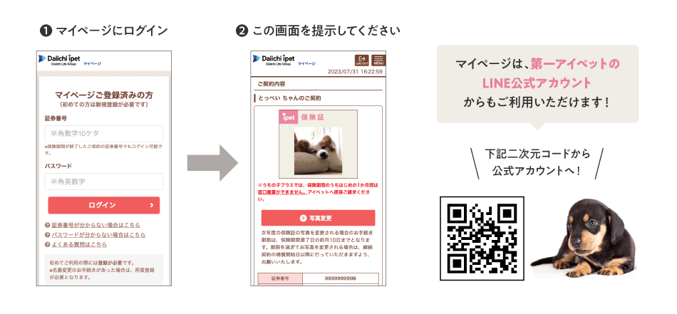 マイページは、第一アイペットのLINE公式アカウントからもご利用いただけます！