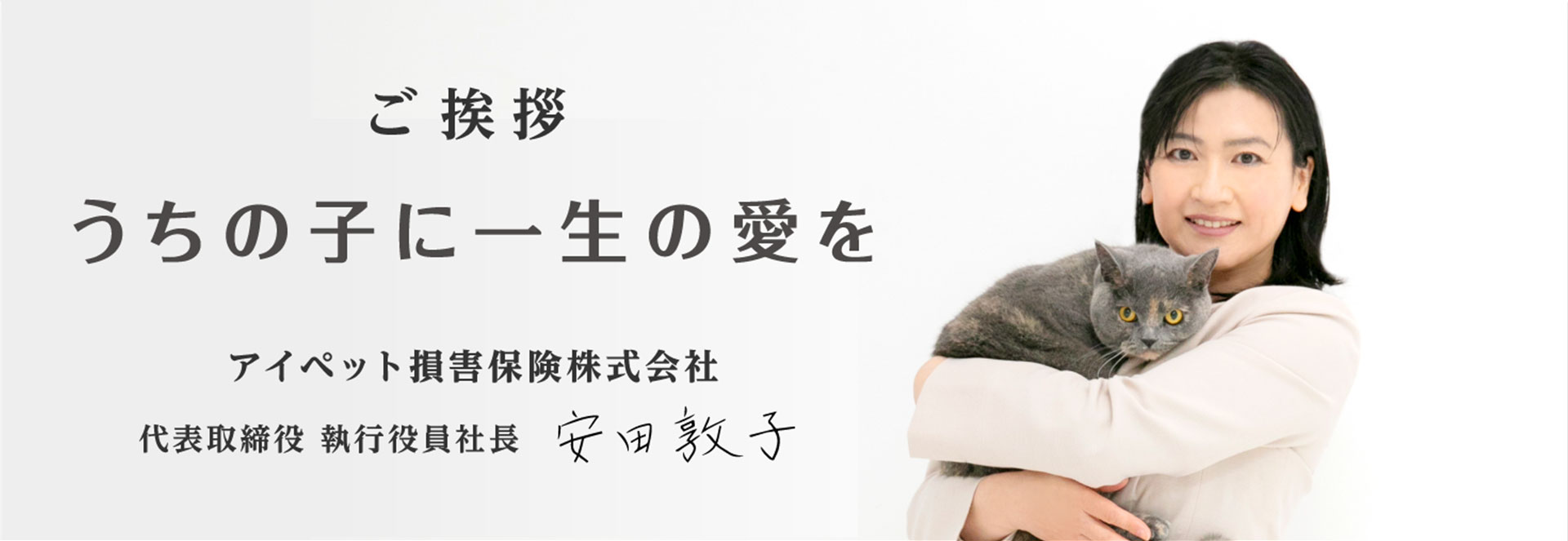 ご挨拶　うちの子に一生の愛を　アイペット損害保険株式会社　代表取締役　執行役員社長　安田敦子　ご挨拶