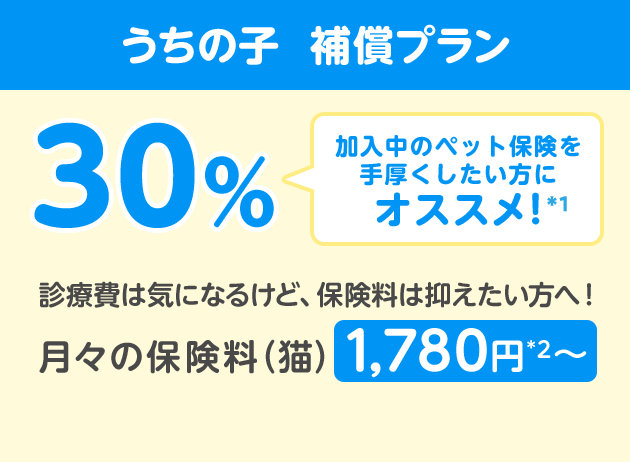 うちの子  補償プラン30％「加入中のペット保険を手厚くしたい方にオススメ!」診療費は気になるけど、保険料は抑えたい方へ！月々の保険料（猫）1,780円*2〜