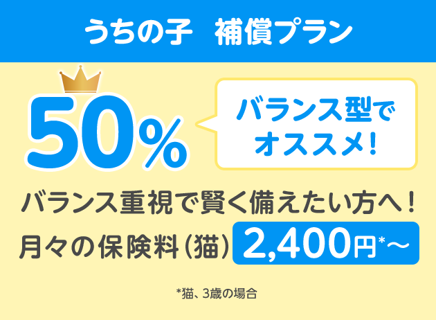 うちの子  補償プラン50％「バランス型でオススメ!」バランス重視で賢く備えたい方へ！月々の保険料（猫）2,400円*〜