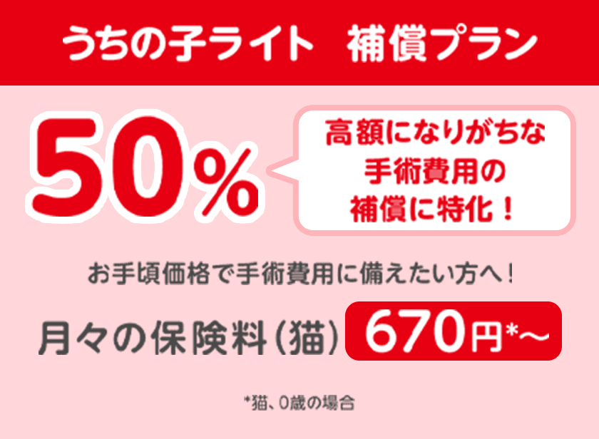 うちの子ライト  補償プラン50％「高額になりがちな手術費用に特化！」お手頃価格で手術費用には備えたい方へ！月々の保険料（猫）670円*〜