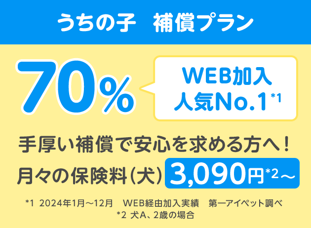 うちの子  補償プラン70％「WEB加入人気No.1*1」手厚い補償で安心を求める方へ！月々の保険料（犬）3,090円*2〜