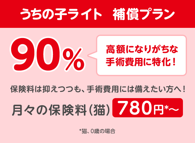 うちの子ライト  補償プラン90％「高額になりがちな手術費用に特化！」保険料は抑えつつも、手術費用には備えたい方へ！月々の保険料（猫）780円*〜