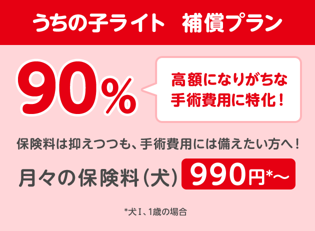 うちの子ライト  補償プラン90％「高額になりがちな手術費用に特化！」保険料は抑えつつも、手術費用には備えたい方へ！月々の保険料（犬）990円*〜
