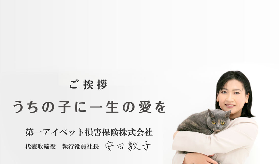 ご挨拶　うちの子に一生の愛を　第一アイペット損害保険株式会社　代表取締役　執行役員社長　安田敦子　ご挨拶