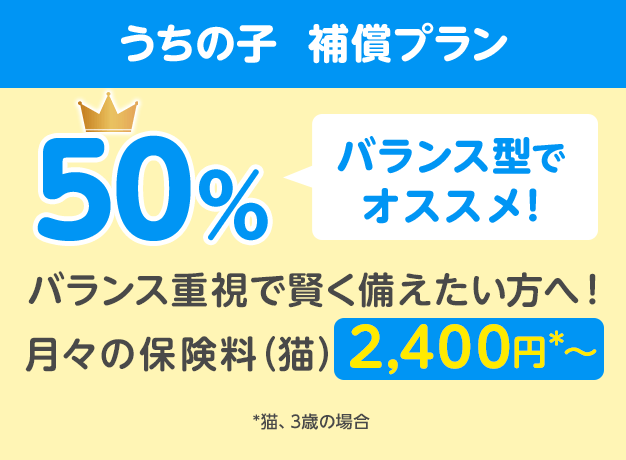 うちの子  補償プラン50％「バランス型でオススメ!」バランス重視で賢く備えたい方へ！月々の保険料（猫）2,400円*〜
