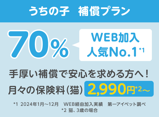 うちの子  補償プラン70％「WEB加入人気No.1*1」手厚い補償で安心を求める方へ！月々の保険料（猫）2,990円*2〜