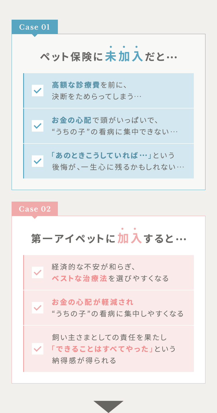 【CASE01：ペット保険に未加入だと…】「高額な診療費を前に、決断をためらってしまう…」「お金の心配で頭がいっぱいで、“うちの子”の看病に集中できない…」「「あのときこうしていれば…」という後悔が、一生心に残るかもしれない…」【CASE02：第一アイペットに加入すると…】「経済的な不安が和らぎ、ベストな治療法を選びやすくなる」「お金の心配から解放され“うちの子”の看病に集中しやすくなる」「飼い主さまとしての責任を果たし「できることはすべてやった」という納得感が得られる」