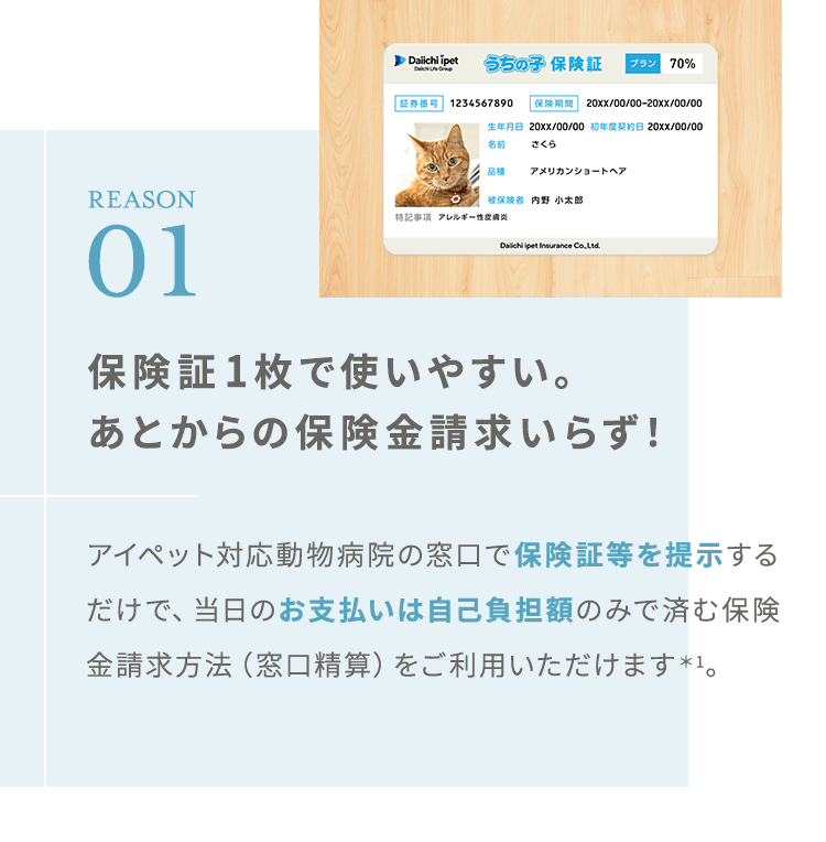 【REASON01：保険証1枚で使いやすい。あとからの保険金請求いらず＊1！】アイペット対応動物病院の窓口で、保険証等を提示するだけ！当日のお支払いは自己負担額のみで済みます。保険金請求方法（窓口精算）をご利用いただけます。