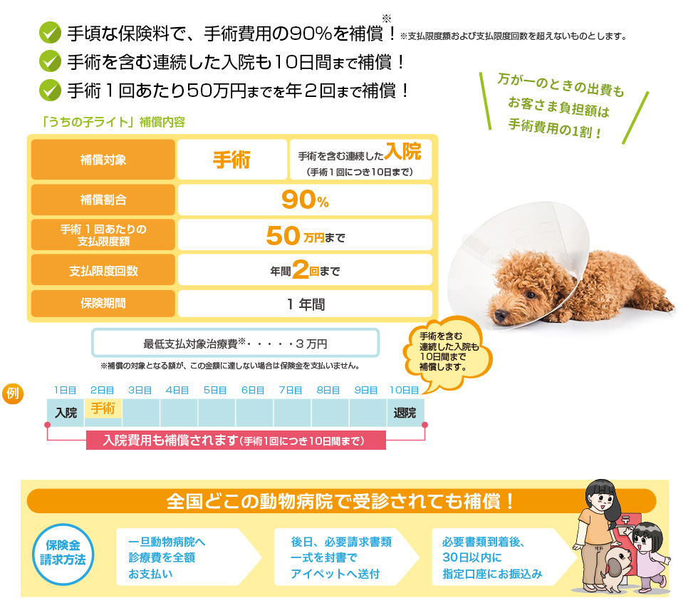 手頃な保険ろうで手術費用の90％を補償します。手術を含む連続した入院も10日間まで補償！手術1回あたり50万円までを年2回まで補償