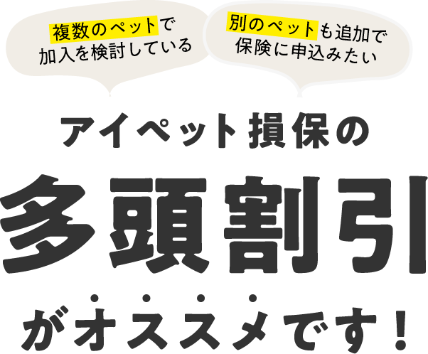 複数のペットで加入を検討している方。別のペットも追加で保険に申込みたい方。アイペット損保の多頭割引がオススメです!