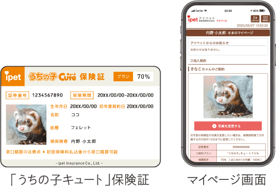 「うちの子キュート」保険証とマイページ画面