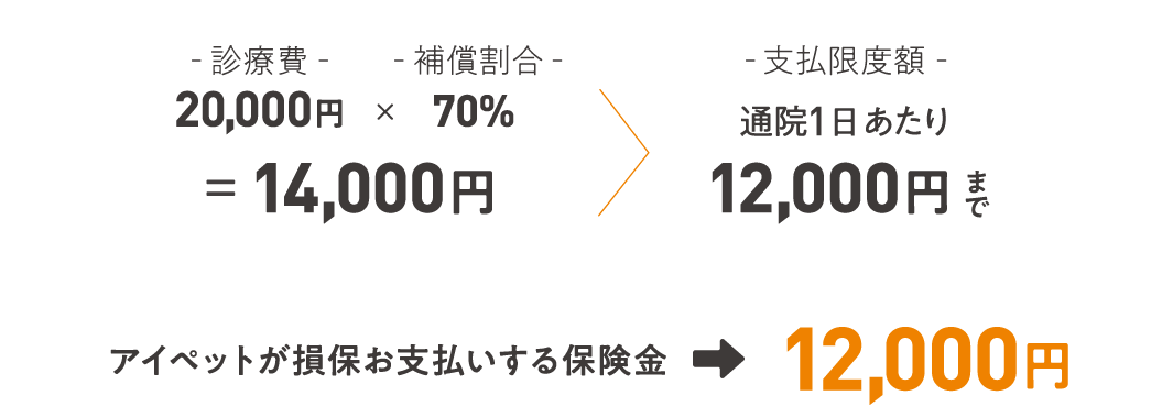 例： 1日の通院をして、補償対象の診療費が2万円だった場合（70％プラン契約時）