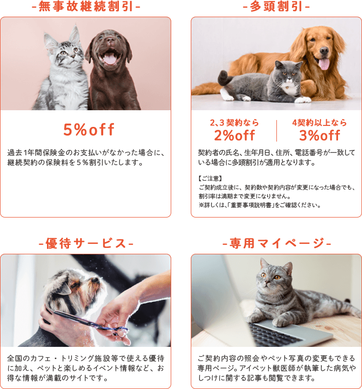 無事故継続割引、多頭割引、優待サービス、専用マイページ
