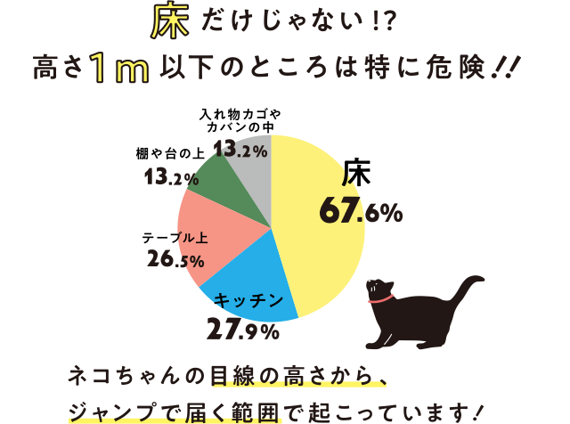 A2 床だけじゃない!? 高さ１ｍ以下のところは特に危険!! ネコちゃんの目線の高さから、ジャンプで届く範囲で起こっています！ 床 67.6%,キッチン 27.9%,テーブル上 26.5%,棚や台の下 13.2%,入れ物カゴやカバンの中 13.2%