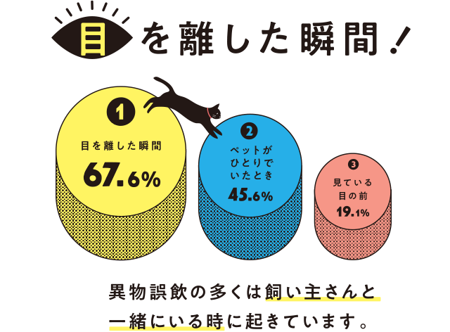 A3 目を離した瞬間！ 異物誤飲の多くは飼い主さんと一緒にいる時に起きています。 1 目を話した瞬間 67.6%,2 ペットがひとりでいたとき 45.6%,3 見ている目の前 19.1%