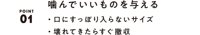 01 噛んでいいものを与える ・口にすっぽり入らない ・壊れてきたらすぐ撤収