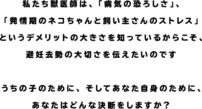 私たち獣医師は、「病気の恐ろしさ」、「発情期のネコちゃんと飼い主さんのストレス」というデメリットの大きさを知っているからこそ、避妊去勢の大切さを伝えたいのです。うちの子のために、そしてあなた自身のために、あなたはどんな決断をしますか？