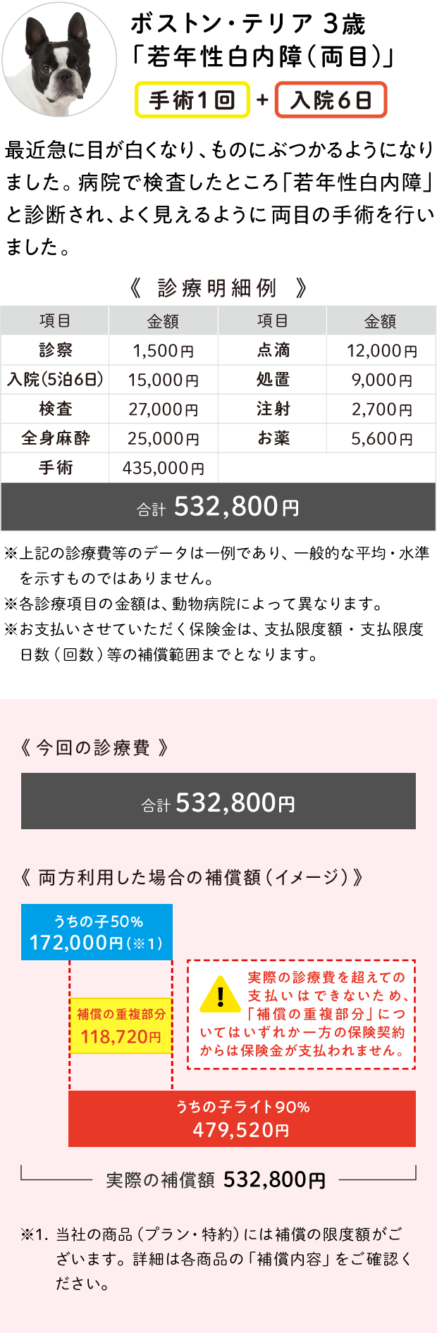 1頭に対し、当社「うちの子50％プラン」と「うちの子ライト90％プラン」をご契約の場合の例