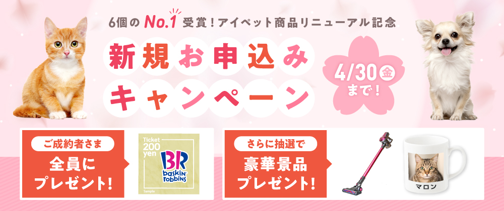 新規お申込みキャンペーン 開始 犬 猫のペット保険ならアイペット損保 23個のno 1受賞
