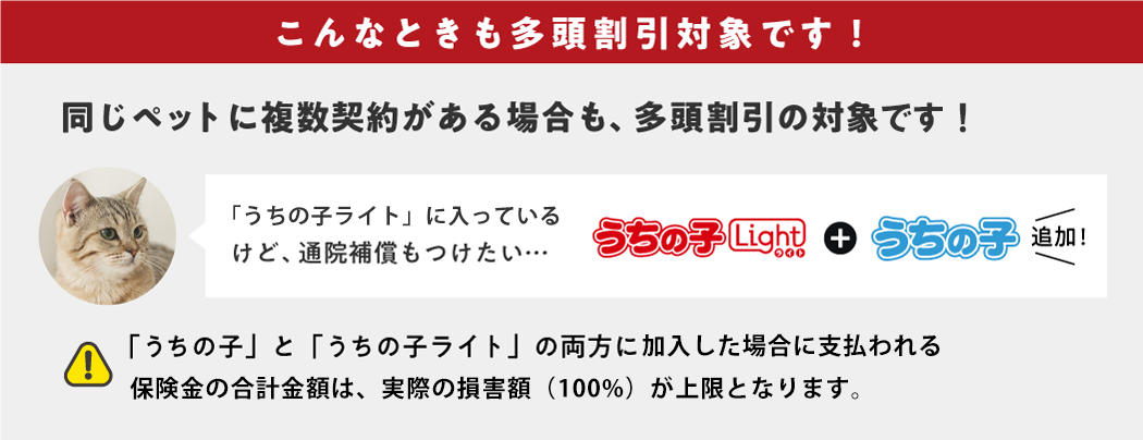 こんなときも多頭割引対象外です!同じペットに複数契約がある場合も、多頭割引の対象となります!
