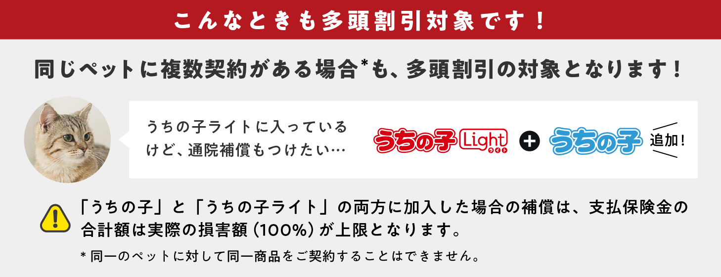 こんなときも多頭割引対象外です!同じペットに複数契約がある場合も、多頭割引の対象です!